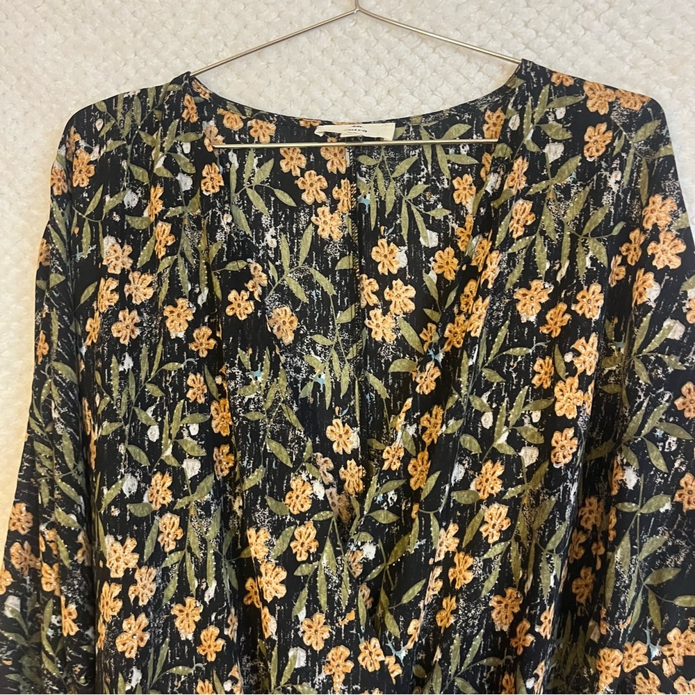 Entro Wrap Dress Floral Long Sleeve Dress Bishop Sleeves V Neck Black Green MED - Picture 3 of 7